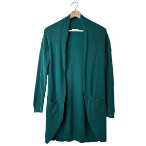 Bp Stitch Curve Hem Longline Ribbed Cardigan Emerald Green Patch Pockets